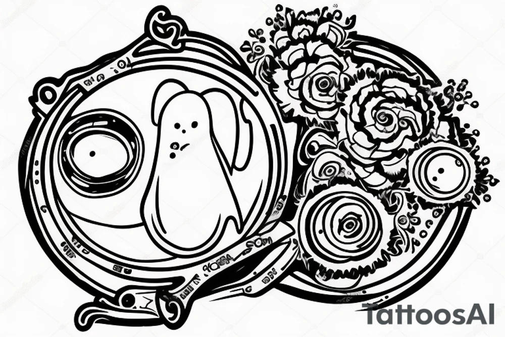 Cartoon ghost holdings a magnifying glass tattoo idea