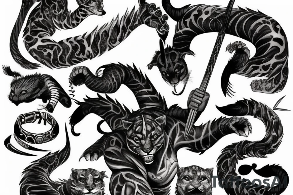 Full body Panther warrior with sword tattoo idea