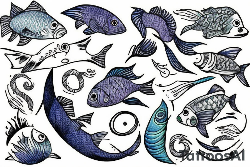 Pisces fish swimming around Mitria tattoo idea