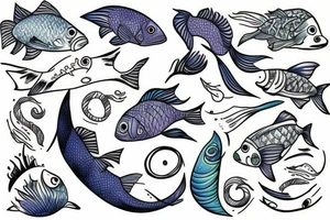 Pisces fish swimming around Mitria tattoo idea