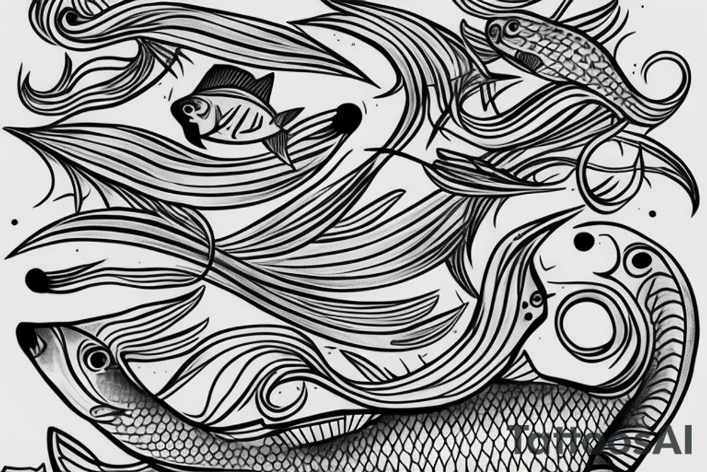 Pisces fish swimming around Mitria tattoo idea