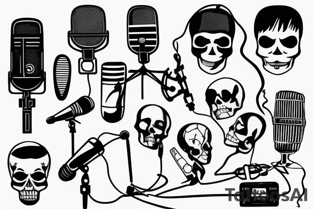 Song lyrics with cassette tape microphone and skull tattoo idea