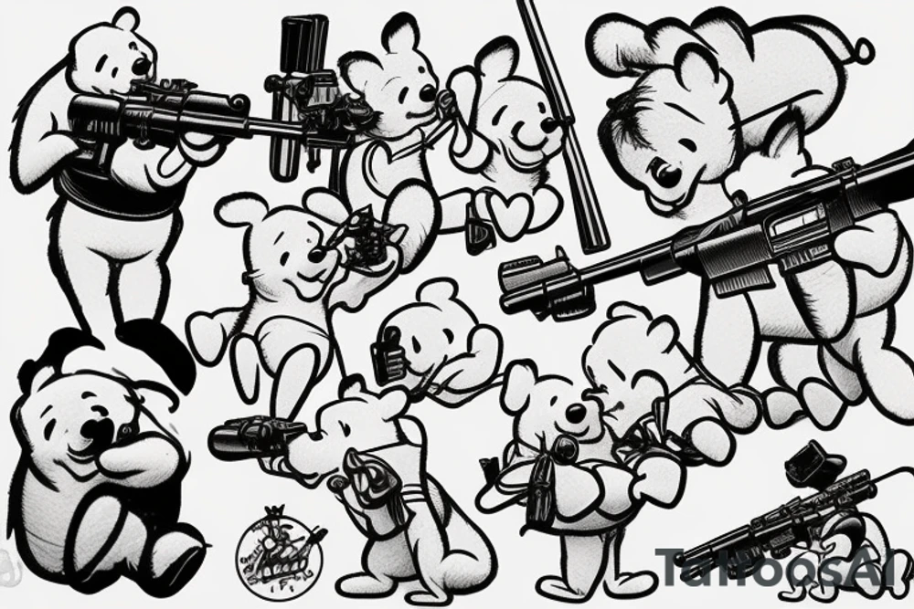 Winnie-the-Pooh shooting sniper rifle honey projectiles tattoo idea
