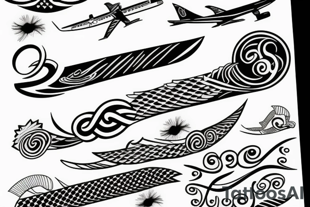 Infinity with feather on side of the curve and on other side minimal airplane tattoo idea