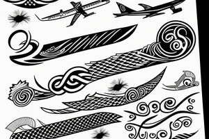 Infinity with feather on side of the curve and on other side minimal airplane tattoo idea