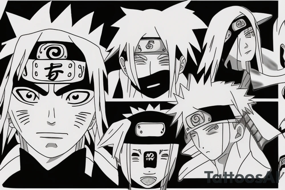 Itachi ushiha with Naruto uzomaki , kakashi and jariah from the anime Naruto shippuden tattoo idea
