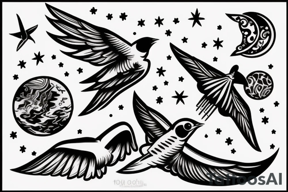 A moon and a swallow with the text free your mind tattoo idea