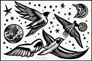 A moon and a swallow with the text free your mind tattoo idea