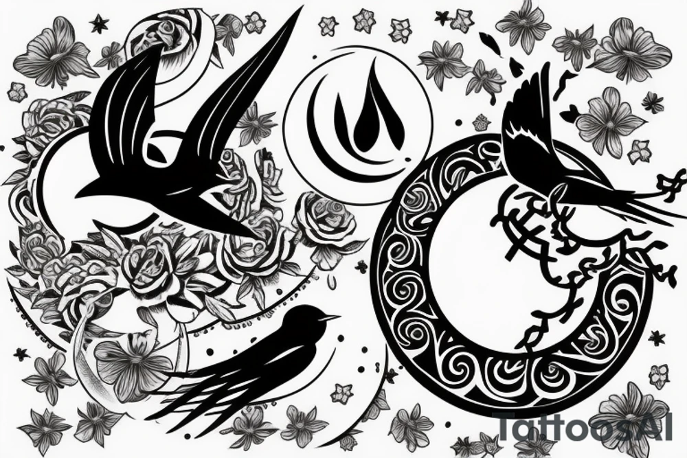 A moon and a swallow with the text free your mind tattoo idea