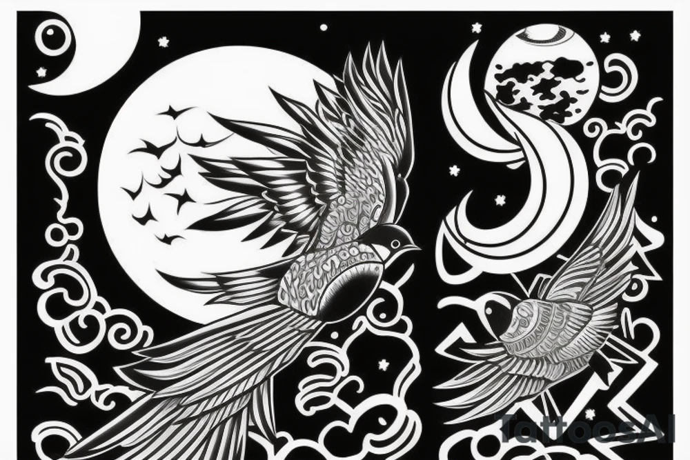 A moon and a swallow with the text free your mind tattoo idea