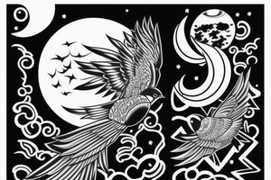 A moon and a swallow with the text free your mind tattoo idea