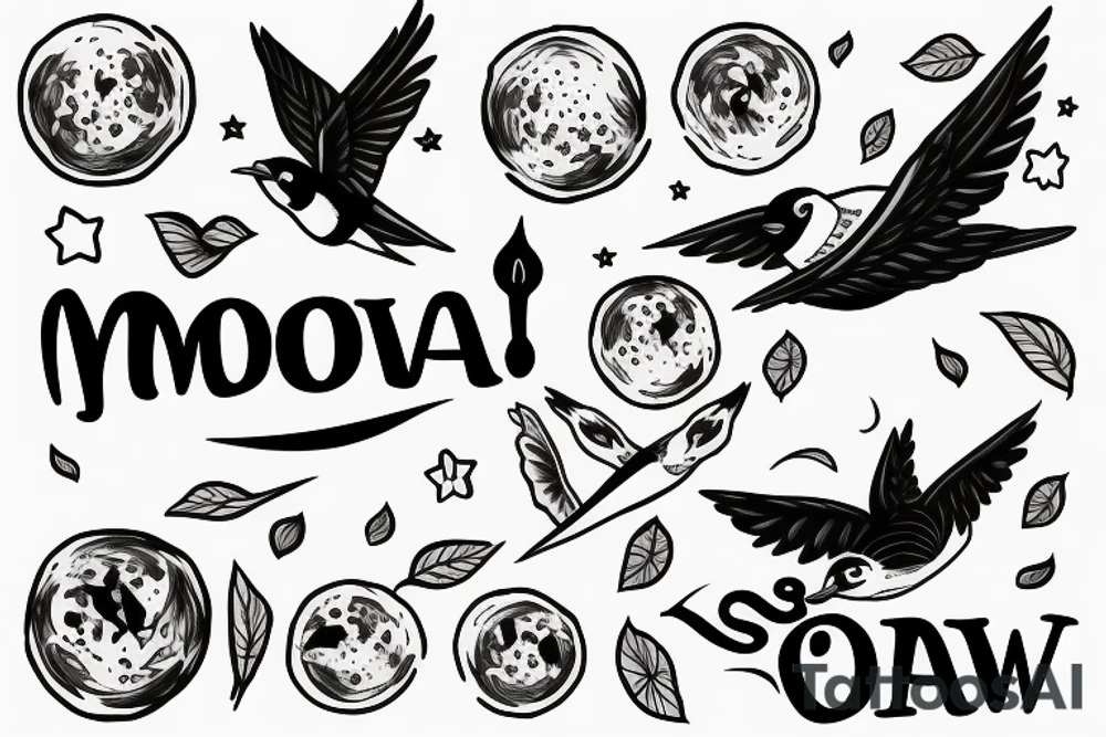 A moon and a swallow with the text free your mind tattoo idea
