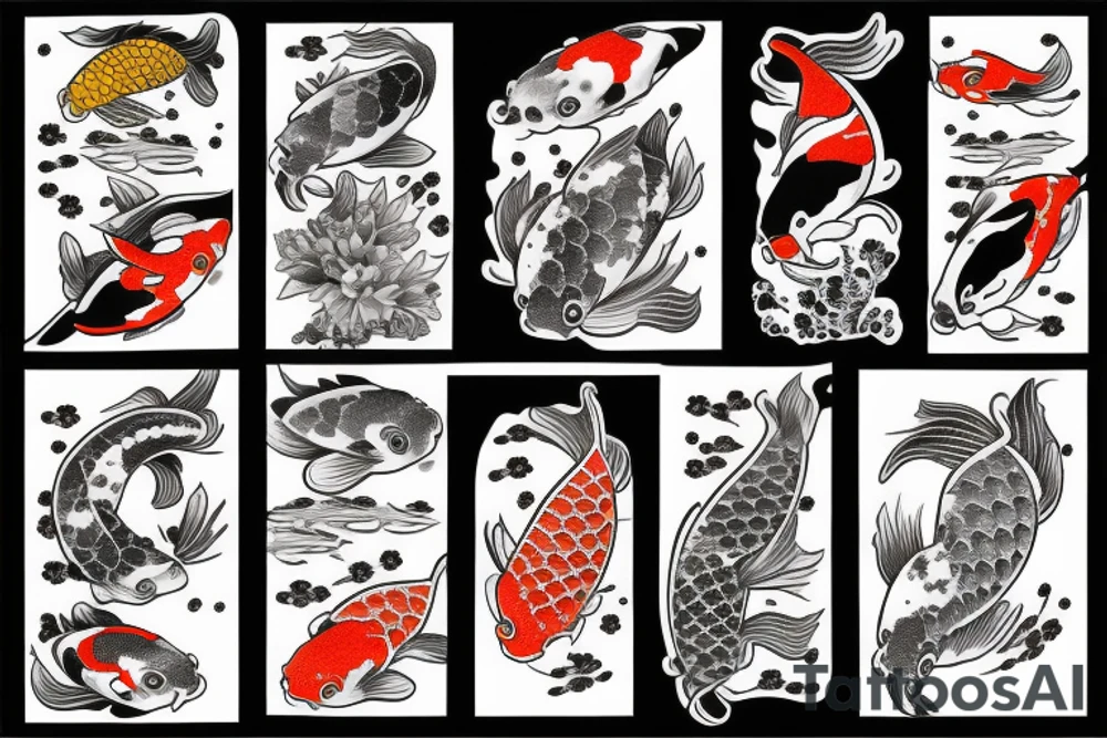 Koi fish, trash polka, upper arm sleeve tattoo idea