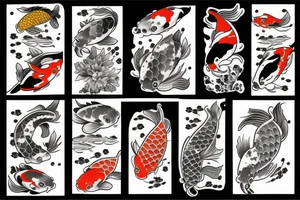 Koi fish, trash polka, upper arm sleeve tattoo idea