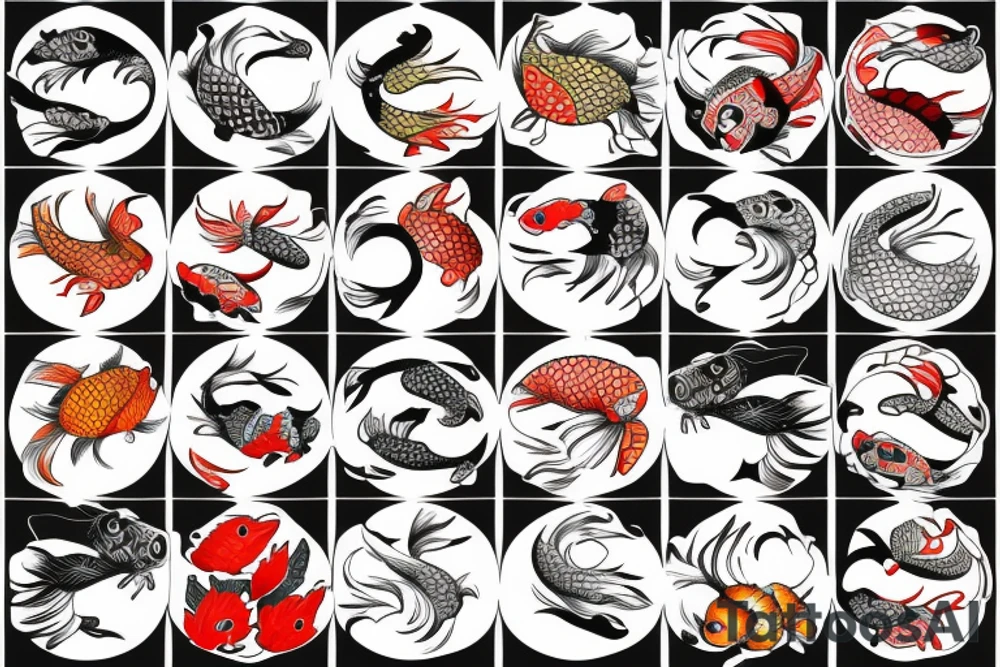 Koi fish, trash polka, upper arm sleeve tattoo idea