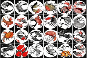 Koi fish, trash polka, upper arm sleeve tattoo idea