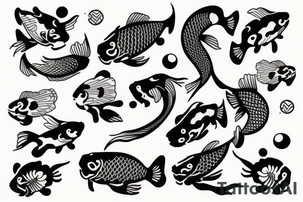 Koi fish, trash polka, upper arm sleeve tattoo idea