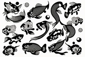 Koi fish, trash polka, upper arm sleeve tattoo idea