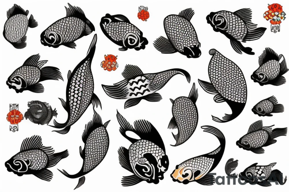 Koi fish, trash polka, upper arm sleeve tattoo idea