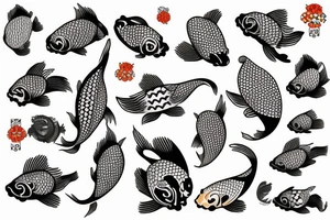 Koi fish, trash polka, upper arm sleeve tattoo idea