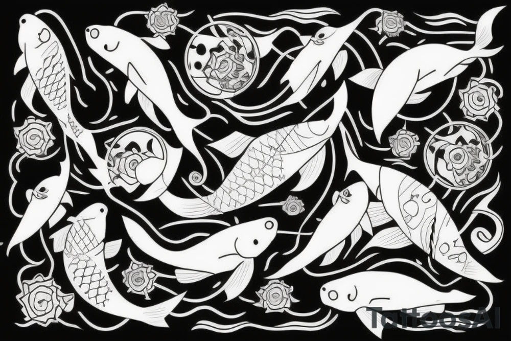 Koi fish, trash polka, upper arm sleeve tattoo idea