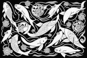 Koi fish, trash polka, upper arm sleeve tattoo idea