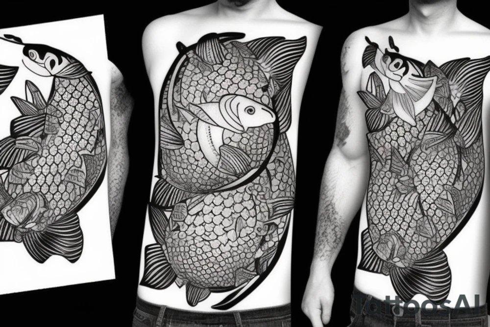 Koi fish, trash polka, upper arm sleeve tattoo idea