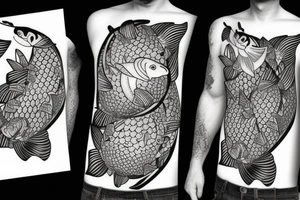 Koi fish, trash polka, upper arm sleeve tattoo idea