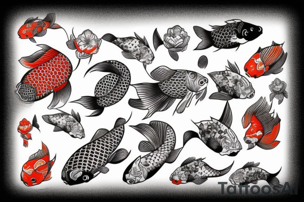 Koi fish, trash polka, sleeve tattoo idea