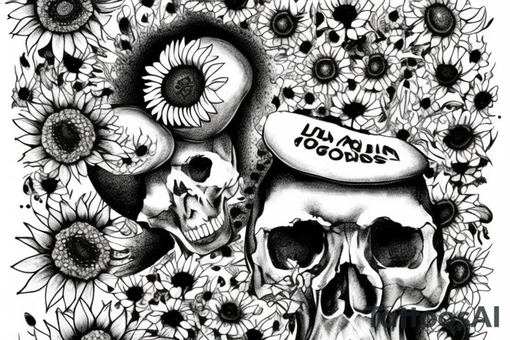 Mushroom garden with sunflowers and skulls tattoo idea