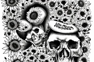 Mushroom garden with sunflowers and skulls tattoo idea