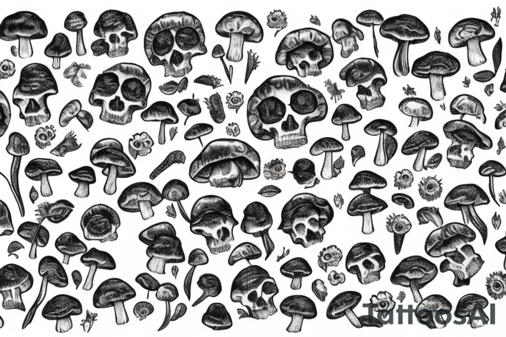 Mushroom garden with sunflowers and skulls tattoo idea