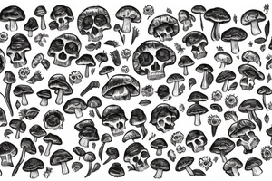 Mushroom garden with sunflowers and skulls tattoo idea