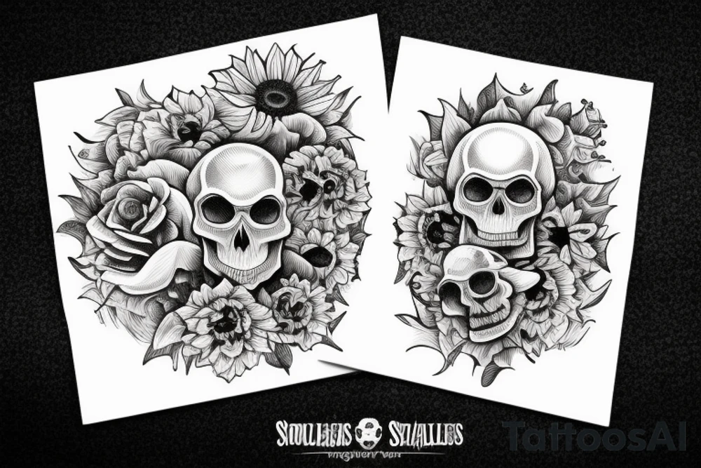Mushrooms, sunflowers and skulls tattoo idea