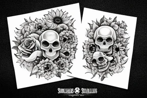 Mushrooms, sunflowers and skulls tattoo idea