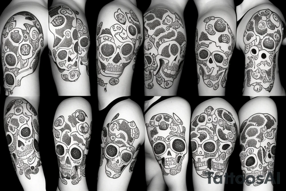 Mushrooms, sunflowers and skulls tattoo idea
