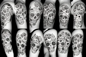 Mushrooms, sunflowers and skulls tattoo idea