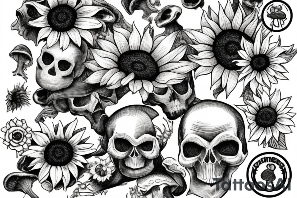 Skull holding sunflowers in a field of mushrooms tattoo idea