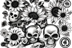 Skull holding sunflowers in a field of mushrooms tattoo idea