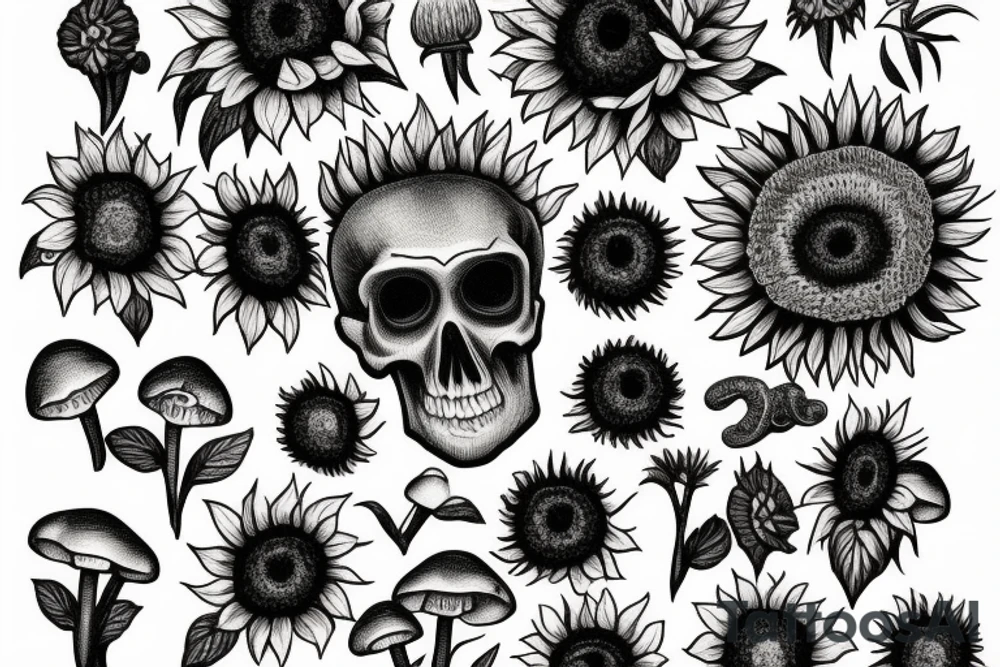Skull holding sunflowers in a field of mushrooms tattoo idea
