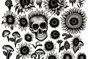 Skull holding sunflowers in a field of mushrooms tattoo idea