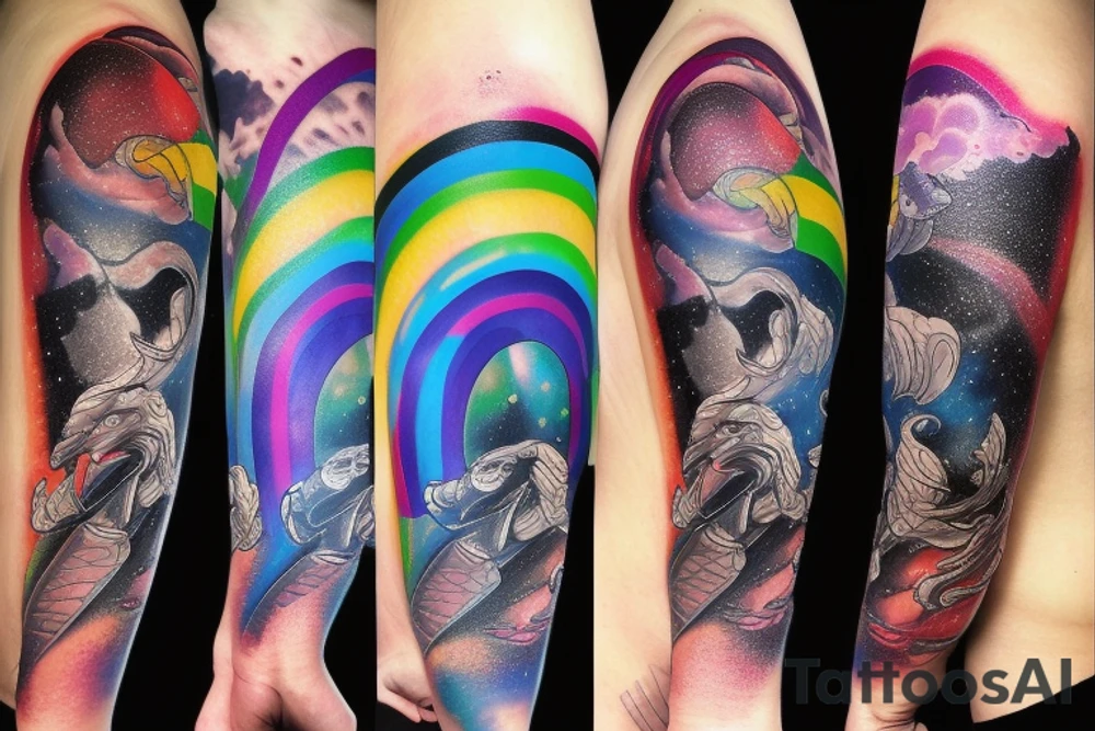 Transcending through space rainbow colors tattoo idea