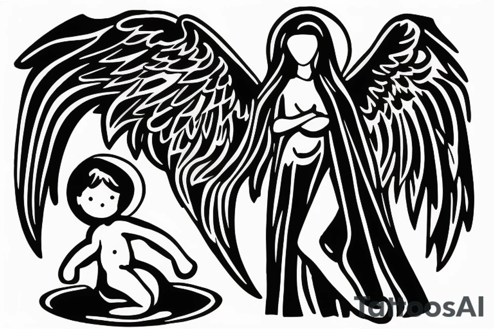 Women angel guarding baby boy tattoo idea