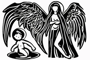 Women angel guarding baby boy tattoo idea