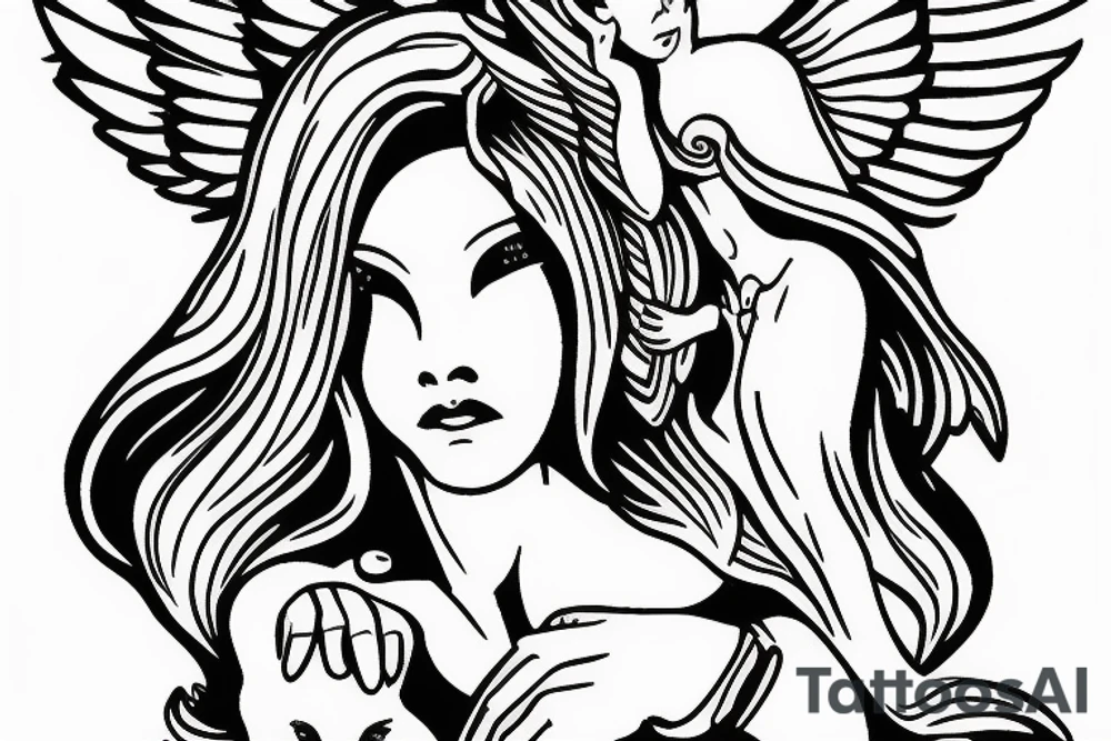 Women angel guarding baby boy tattoo idea
