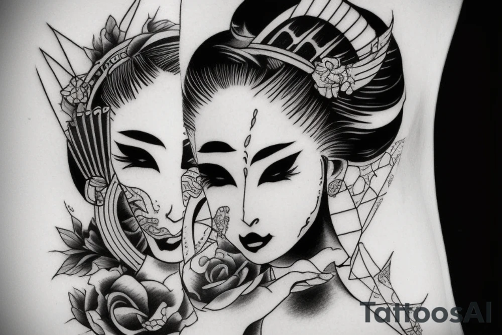 Geisha half demon breed finding balance in life tattoo idea