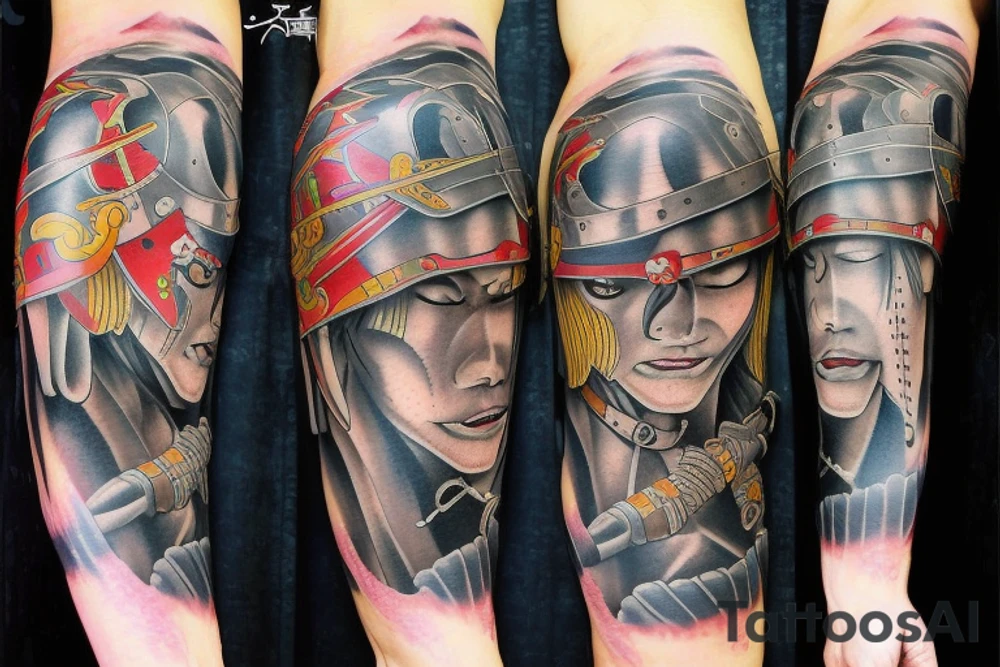 a japanese warrior on a realistic and highly detailed arm tattoo idea