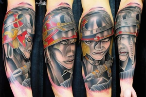 a japanese warrior on a realistic and highly detailed arm tattoo idea