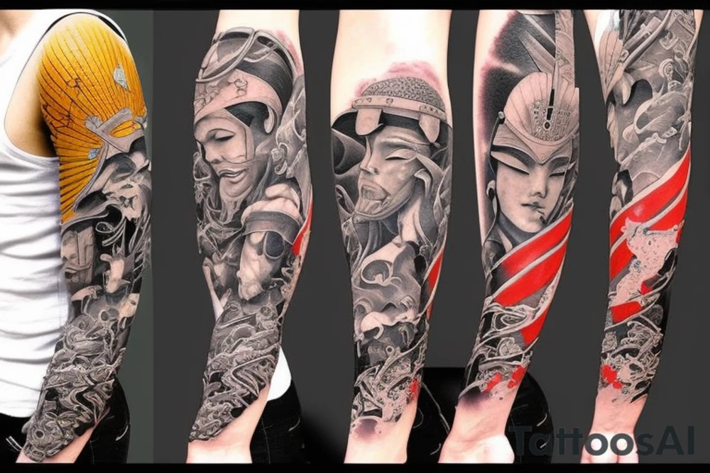 a japanese warrior on a realistic and highly detailed arm tattoo idea