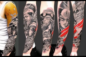 a japanese warrior on a realistic and highly detailed arm tattoo idea